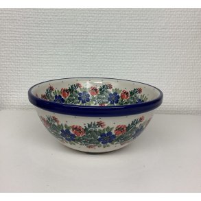 Stor ymer sk�l polsk keramik stent�j med bl� og r�de blomster