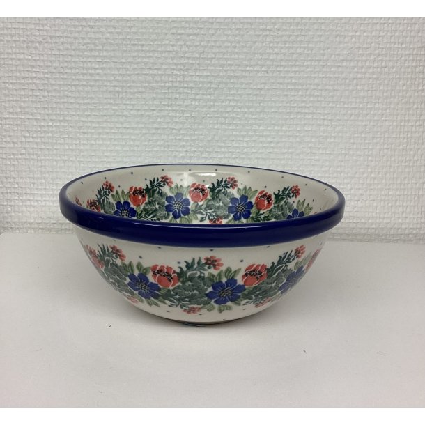 Stor ymer sk�l polsk keramik stent�j med bl� og r�de blomster