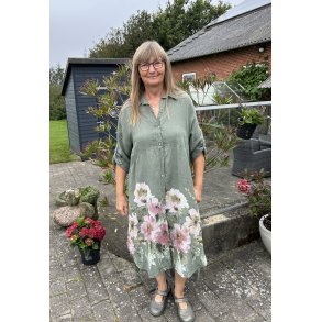 Army farvet hr kjole med knapper, lommer og blomsterprint