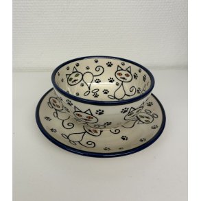 Tallerken og skl i  polsk keramik med katte