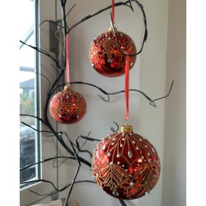 Rde hnddekorerede julekugler 10 cm