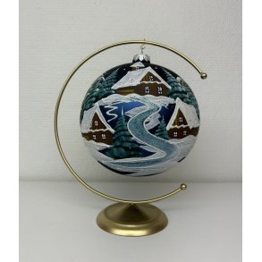 Stor bl mundblst hndmalet julekugle med jule landskabs motiv