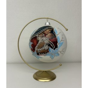 Stor mat hvid mundblst hndmalet julekugle med Jomfru Maria og Jesus barnet