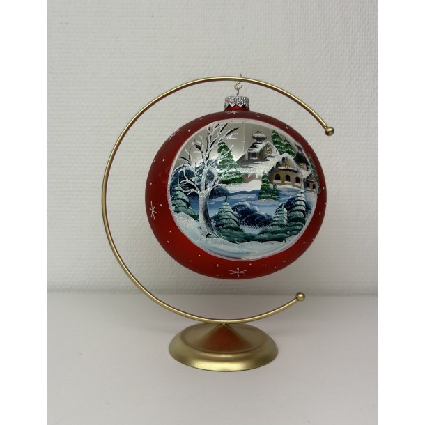 Stor mat rd mundblst hndmalet julekugle med landskabs motiv