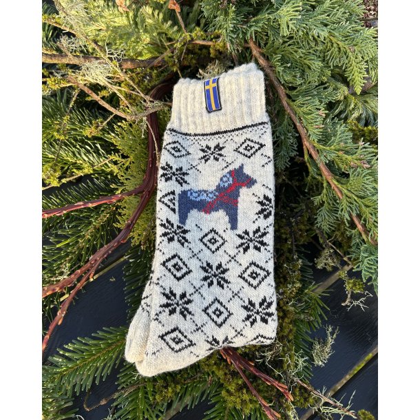 Sokker med bl� Dalar hest i 80% uld 