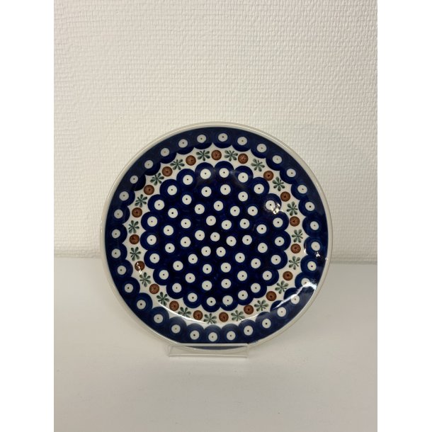 Frokost tallerken i polsk keramik bl� med brune prikker 