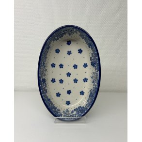 Lille oval sk�l i polsk keramik med bl� blomster