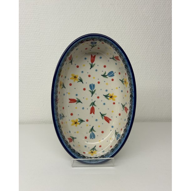 Lille oval sk�l i polsk keramik med flot blomster motiver