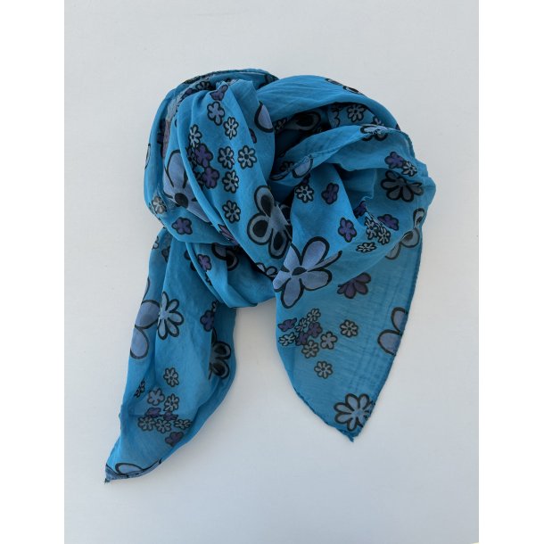 Behageligt t�rkl�de i bomuld og silke m�rk turkis med blomster
